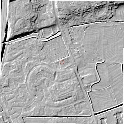 Shaded relief map of the ground around NG103QL, computed from Environment Agency LiDAR. The ground here sits at about 31 m above sea level and falls 10 m across the surrounding 800 m. Surface water reaching this point runs off ground lying to the west-south-west, 1.4 m higher.
