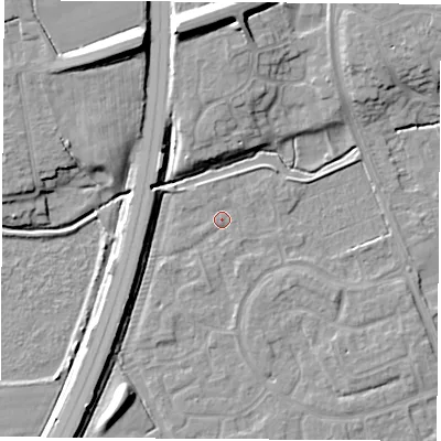 Shaded relief map of the ground around NG103QN, computed from Environment Agency LiDAR. The ground here sits at about 31 m above sea level and falls 12 m across the surrounding 800 m. Surface water reaching this point runs off ground lying to the north-north-west, 11.5 m higher.