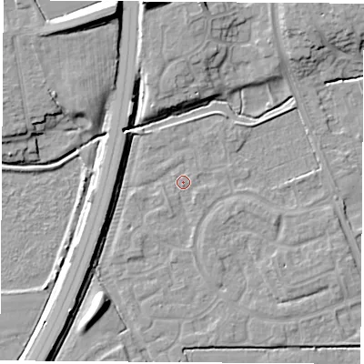 Shaded relief map of the ground around NG103QP, computed from Environment Agency LiDAR. The ground here sits at about 31 m above sea level and falls 12 m across the surrounding 800 m. Surface water reaching this point runs off ground lying to the south-south-east, 0.6 m higher.