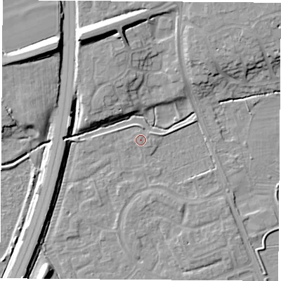 Shaded relief map of the ground around NG103QR, computed from Environment Agency LiDAR. The ground here sits at about 31 m above sea level and falls 12 m across the surrounding 800 m. Surface water reaching this point runs off ground lying to the north-east, 3.9 m higher.