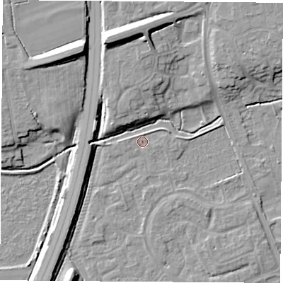 Shaded relief map of the ground around NG103QS, computed from Environment Agency LiDAR. The ground here sits at about 31 m above sea level and falls 12 m across the surrounding 800 m. Surface water reaching this point runs off ground lying to the north-north-west, 11.5 m higher.