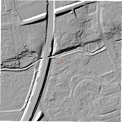 Shaded relief map of the ground around NG103QT, computed from Environment Agency LiDAR. The ground here sits at about 31 m above sea level and falls 12 m across the surrounding 800 m. Surface water reaching this point runs off ground lying to the south, 0.6 m higher.