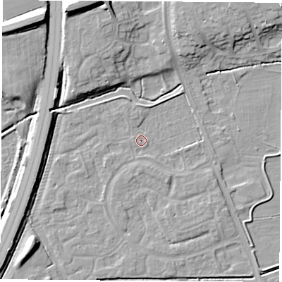 Shaded relief map of the ground around NG103QU, computed from Environment Agency LiDAR. The ground here sits at about 31 m above sea level and falls 12 m across the surrounding 800 m. Surface water reaching this point runs off ground lying to the south-south-west, 1.7 m higher.