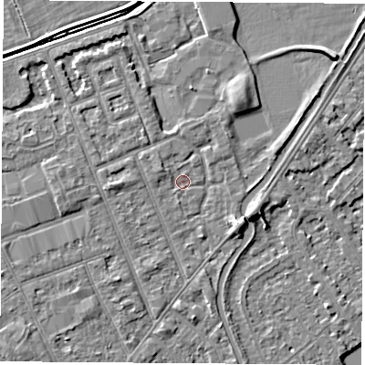 Shaded relief map of the ground around NG103QW, computed from Environment Agency LiDAR. The ground here sits at about 30 m above sea level and falls 5 m across the surrounding 800 m. Surface water reaching this point runs off ground lying to the west-north-west, 1.7 m higher.