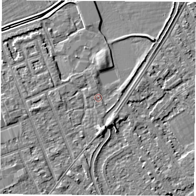Shaded relief map of the ground around NG103QX, computed from Environment Agency LiDAR. The ground here sits at about 30 m above sea level and falls 5 m across the surrounding 800 m. Surface water reaching this point runs off ground lying to the east-north-east, 1.4 m higher.