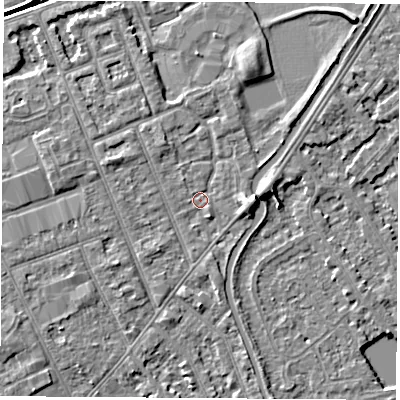 Shaded relief map of the ground around NG103QY, computed from Environment Agency LiDAR. The ground here sits at about 30 m above sea level and falls 5 m across the surrounding 800 m. Surface water reaching this point runs off ground lying to the east, 2.9 m higher.