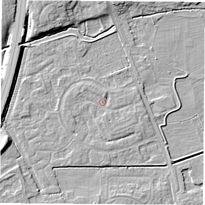 Shaded relief map of the ground around NG103QZ, computed from Environment Agency LiDAR. The ground here sits at about 31 m above sea level and falls 7 m across the surrounding 800 m. Surface water reaching this point runs off ground lying to the north-north-east, 1.2 m higher.