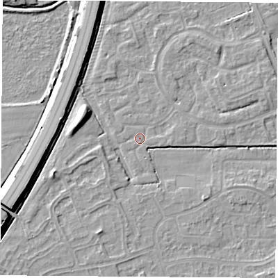 Shaded relief map of the ground around NG103RG, computed from Environment Agency LiDAR. The ground here sits at about 30 m above sea level and falls 9 m across the surrounding 800 m. Surface water reaching this point runs off ground lying to the north-east, 1.5 m higher.