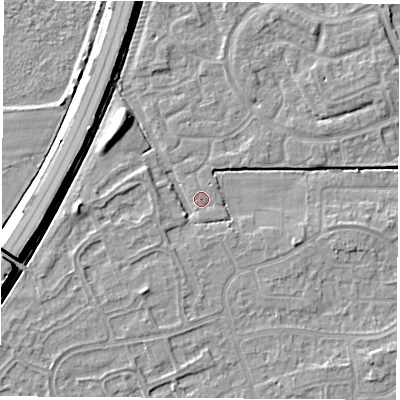 Shaded relief map of the ground around NG103RH, computed from Environment Agency LiDAR. The ground here sits at about 31 m above sea level and falls 9 m across the surrounding 800 m. Surface water reaching this point runs off ground lying to the south-west, 1.6 m higher.