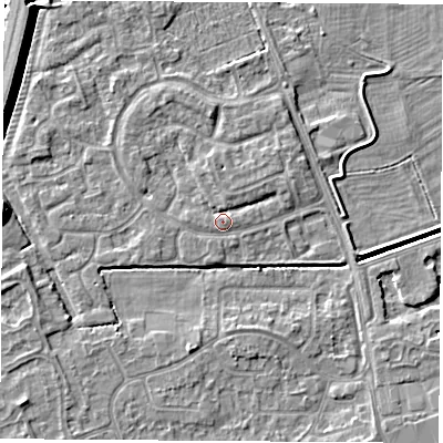 Shaded relief map of the ground around NG103RJ, computed from Environment Agency LiDAR. The ground here sits at about 31 m above sea level and falls 6 m across the surrounding 800 m. Surface water reaching this point runs off ground lying to the north-north-west, 1.2 m higher.
