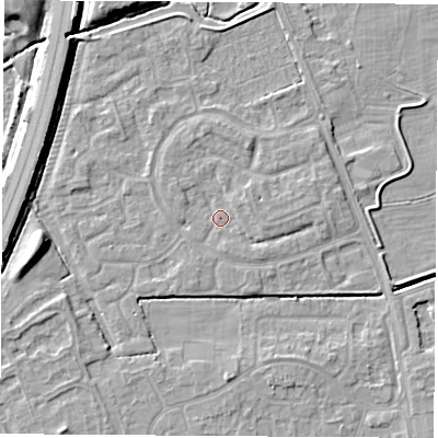 Shaded relief map of the ground around NG103RN, computed from Environment Agency LiDAR. The ground here sits at about 31 m above sea level and falls 7 m across the surrounding 800 m. Surface water reaching this point runs off ground lying to the east-north-east, 1.4 m higher.