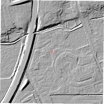 Shaded relief map of the ground around NG103RP, computed from Environment Agency LiDAR. The ground here sits at about 31 m above sea level and falls 11 m across the surrounding 800 m. Surface water reaching this point runs off ground lying to the east-north-east, 1.1 m higher.