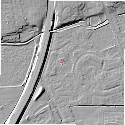 Shaded relief map of the ground around NG103RR, computed from Environment Agency LiDAR. The ground here sits at about 31 m above sea level and falls 7 m across the surrounding 800 m. Surface water reaching this point runs off ground lying to the north-north-east, 0.8 m higher.