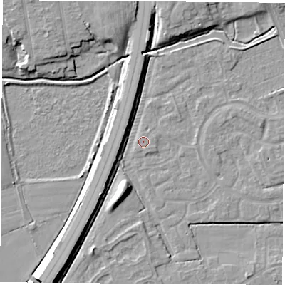 Shaded relief map of the ground around NG103RS, computed from Environment Agency LiDAR. The ground here sits at about 31 m above sea level and falls 7 m across the surrounding 800 m. Surface water reaching this point runs off ground lying to the north, 6.2 m higher.