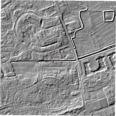Shaded relief map of the ground around NG103RX, computed from Environment Agency LiDAR. The ground here sits at about 30 m above sea level and falls 3 m across the surrounding 800 m. Surface water reaching this point runs off ground lying to the south, 3.2 m higher.