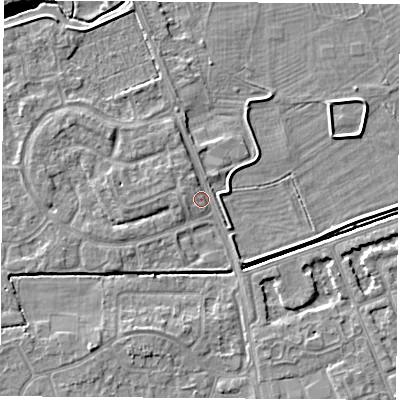 Shaded relief map of the ground around NG103SA, computed from Environment Agency LiDAR. The ground here sits at about 31 m above sea level and falls 6 m across the surrounding 800 m. Surface water reaching this point runs off ground lying to the west, 2.0 m higher.