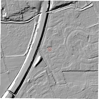 Shaded relief map of the ground around NG103ST, computed from Environment Agency LiDAR. The ground here sits at about 30 m above sea level and falls 8 m across the surrounding 800 m. Surface water reaching this point runs off ground lying to the north-east, 1.3 m higher.