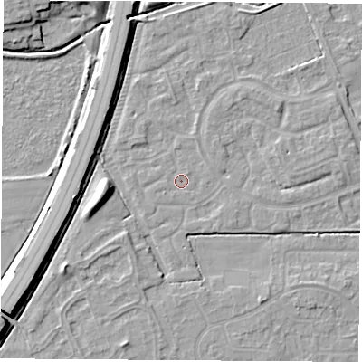 Shaded relief map of the ground around NG103SU, computed from Environment Agency LiDAR. The ground here sits at about 30 m above sea level and falls 8 m across the surrounding 800 m. Surface water reaching this point runs off ground lying to the south-west, 0.5 m higher.