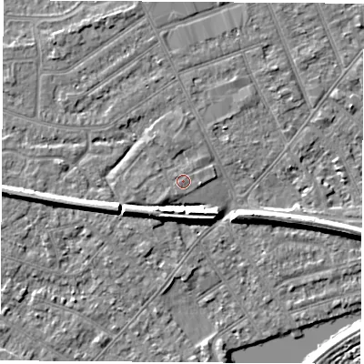 Shaded relief map of the ground around NG103SX, computed from Environment Agency LiDAR. The ground here sits at about 31 m above sea level and falls 7 m across the surrounding 800 m. Surface water reaching this point runs off ground lying to the east, 1.3 m higher.