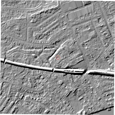 Shaded relief map of the ground around NG103SY, computed from Environment Agency LiDAR. The ground here sits at about 31 m above sea level and falls 7 m across the surrounding 800 m. Surface water reaching this point runs off ground lying to the south, 0.8 m higher.