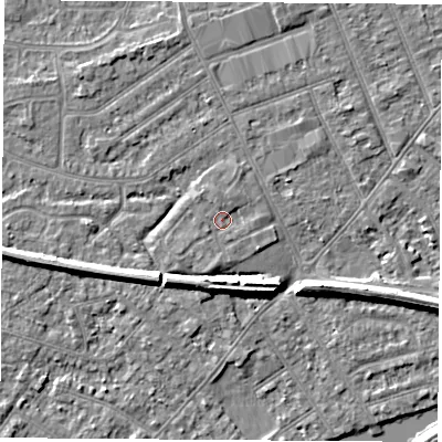 Shaded relief map of the ground around NG103SZ, computed from Environment Agency LiDAR. The ground here sits at about 31 m above sea level and falls 7 m across the surrounding 800 m. Surface water reaching this point runs off ground lying to the south, 1.2 m higher.