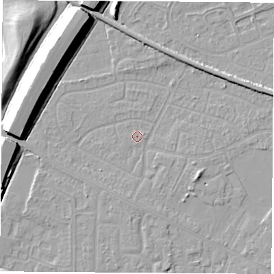 Shaded relief map of the ground around NG103TA, computed from Environment Agency LiDAR. The ground here sits at about 31 m above sea level and falls 11 m across the surrounding 800 m. The ground contributing surface water to this point lies to the west-south-west.