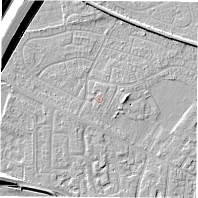 Shaded relief map of the ground around NG103TB, computed from Environment Agency LiDAR. The ground here sits at about 32 m above sea level and falls 11 m across the surrounding 800 m. Surface water reaching this point runs off ground lying to the north-west, 0.6 m higher.