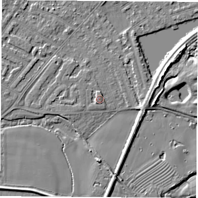Shaded relief map of the ground around NG103TD, computed from Environment Agency LiDAR. The ground here sits at about 31 m above sea level and falls 7 m across the surrounding 800 m. Surface water reaching this point runs off ground lying to the north-north-west, 1.6 m higher.