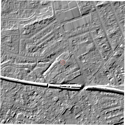 Shaded relief map of the ground around NG103TE, computed from Environment Agency LiDAR. The ground here sits at about 31 m above sea level and falls 7 m across the surrounding 800 m. Surface water reaching this point runs off ground lying to the north, 0.7 m higher.