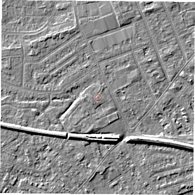 Shaded relief map of the ground around NG103TF, computed from Environment Agency LiDAR. The ground here sits at about 31 m above sea level and falls 7 m across the surrounding 800 m. Surface water reaching this point runs off ground lying to the west, 0.6 m higher.