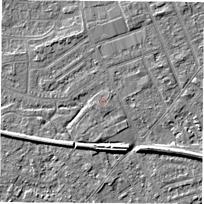 Shaded relief map of the ground around NG103TG, computed from Environment Agency LiDAR. The ground here sits at about 31 m above sea level and falls 7 m across the surrounding 800 m. Surface water reaching this point runs off ground lying to the south-south-west, 0.7 m higher.
