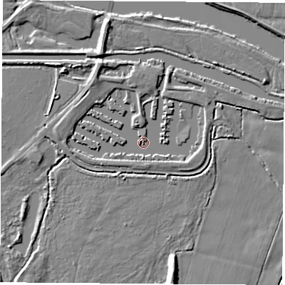 Shaded relief map of the ground around NG103TN, computed from Environment Agency LiDAR. The ground here sits at about 30 m above sea level and falls 7 m across the surrounding 800 m. Surface water reaching this point runs off ground lying to the east-south-east, 2.3 m higher.