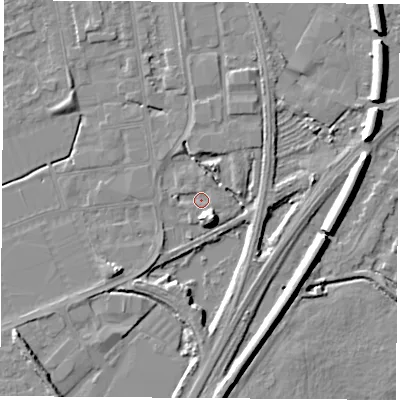 Shaded relief map of the ground around NG103TP, computed from Environment Agency LiDAR. The ground here sits at about 29 m above sea level and falls 8 m across the surrounding 800 m. Surface water reaching this point runs off ground lying to the south-south-east, 6.6 m higher.