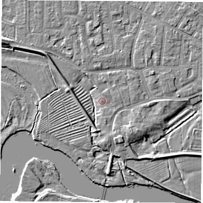 Shaded relief map of the ground around NG103XL, computed from Environment Agency LiDAR. The ground here sits at about 31 m above sea level and falls 6 m across the surrounding 800 m. Surface water reaching this point runs off ground lying to the south, 3.6 m higher.