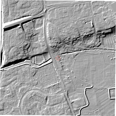 Shaded relief map of the ground around NG104AA, computed from Environment Agency LiDAR. The ground here sits at about 31 m above sea level and falls 12 m across the surrounding 800 m. Surface water reaching this point runs off ground lying to the north, 5.6 m higher.