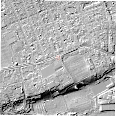 Shaded relief map of the ground around NG104AD, computed from Environment Agency LiDAR. The ground here sits at about 36 m above sea level and falls 8 m across the surrounding 800 m. Surface water reaching this point runs off ground lying to the west-south-west, 0.6 m higher.