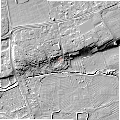 Shaded relief map of the ground around NG104AJ, computed from Environment Agency LiDAR. The ground here sits at about 32 m above sea level and falls 8 m across the surrounding 800 m. Surface water reaching this point runs off ground lying to the north, 5.4 m higher.