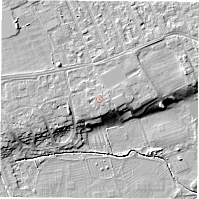 Shaded relief map of the ground around NG104BU, computed from Environment Agency LiDAR. The ground here sits at about 36 m above sea level and falls 10 m across the surrounding 800 m. Surface water reaching this point runs off ground lying to the east-north-east, 0.5 m higher.