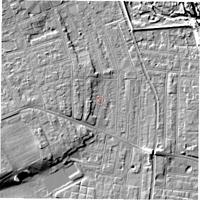 Shaded relief map of the ground around NG104HA, computed from Environment Agency LiDAR. The ground here sits at about 32 m above sea level and falls 9 m across the surrounding 800 m. Surface water reaching this point runs off ground lying to the west, 3.5 m higher.