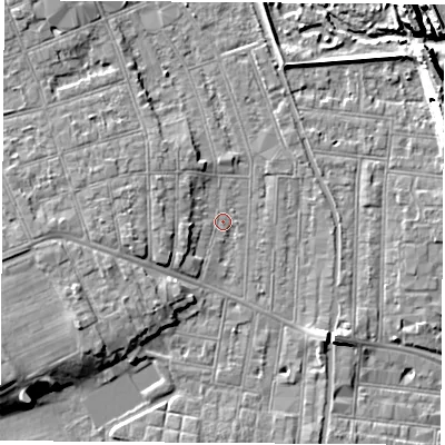 Shaded relief map of the ground around NG104HB, computed from Environment Agency LiDAR. The ground here sits at about 32 m above sea level and falls 10 m across the surrounding 800 m. Surface water reaching this point runs off ground lying to the south-west, 5.3 m higher.