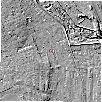 Shaded relief map of the ground around NG104HD, computed from Environment Agency LiDAR. The ground here sits at about 32 m above sea level and falls 9 m across the surrounding 800 m. Surface water reaching this point runs off ground lying to the south, 2.8 m higher.