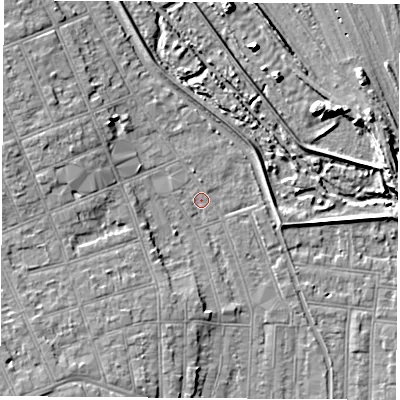 Shaded relief map of the ground around NG104HG, computed from Environment Agency LiDAR. The ground here sits at about 32 m above sea level and falls 9 m across the surrounding 800 m. Surface water reaching this point runs off ground lying to the north-west, 4.5 m higher.