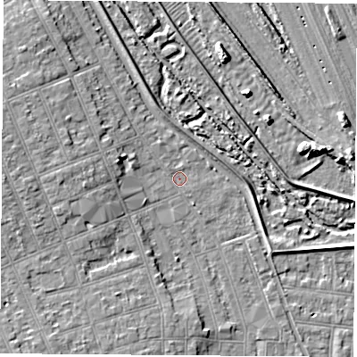 Shaded relief map of the ground around NG104HH, computed from Environment Agency LiDAR. The ground here sits at about 32 m above sea level and falls 8 m across the surrounding 800 m. Surface water reaching this point runs off ground lying to the west-north-west, 3.3 m higher.