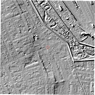 Shaded relief map of the ground around NG104HJ, computed from Environment Agency LiDAR. The ground here sits at about 32 m above sea level and falls 7 m across the surrounding 800 m. Surface water reaching this point runs off ground lying to the west, 4.6 m higher.