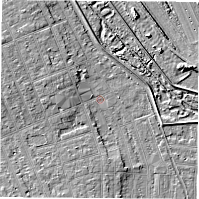 Shaded relief map of the ground around NG104HN, computed from Environment Agency LiDAR. The ground here sits at about 32 m above sea level and falls 7 m across the surrounding 800 m. Surface water reaching this point runs off ground lying to the west-north-west, 4.6 m higher.