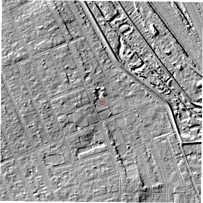 Shaded relief map of the ground around NG104HT, computed from Environment Agency LiDAR. The ground here sits at about 33 m above sea level and falls 7 m across the surrounding 800 m. Surface water reaching this point runs off ground lying to the north-north-west, 3.1 m higher.