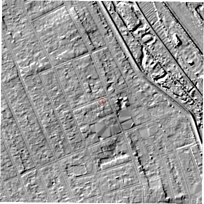 Shaded relief map of the ground around NG104HY, computed from Environment Agency LiDAR. The ground here sits at about 35 m above sea level and falls 7 m across the surrounding 800 m. Surface water reaching this point runs off ground lying to the north-west, 1.2 m higher.