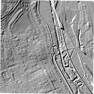 Shaded relief map of the ground around NG104JF, computed from Environment Agency LiDAR. The ground here sits at about 35 m above sea level and falls 14 m across the surrounding 800 m. Surface water reaching this point runs off ground lying to the south, 0.8 m higher.