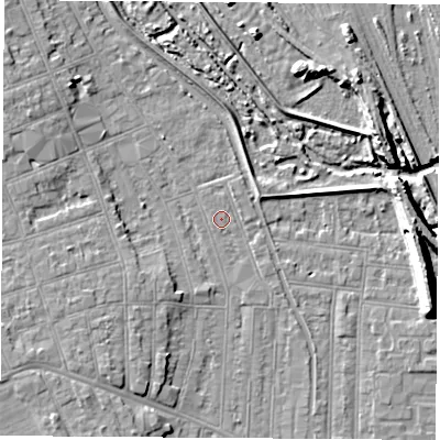 Shaded relief map of the ground around NG104JR, computed from Environment Agency LiDAR. The ground here sits at about 32 m above sea level and falls 11 m across the surrounding 800 m. Surface water reaching this point runs off ground lying to the west-north-west, 4.4 m higher.