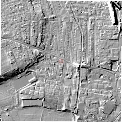 Shaded relief map of the ground around NG104LA, computed from Environment Agency LiDAR. The ground here sits at about 31 m above sea level and falls 11 m across the surrounding 800 m. Surface water reaching this point runs off ground lying to the west, 6.1 m higher.